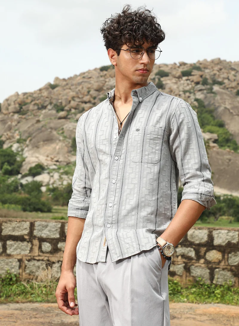 كامبوس سوترا Campus Sutra Men's Cloud Grey Geo-Stripe Jacquard Shirt | Button-Down Collar , Long Sleeve Cuffed Sleeves , Button Closure | Stripes Jacquard | Cotton-Blend Shirt For Casual Wear