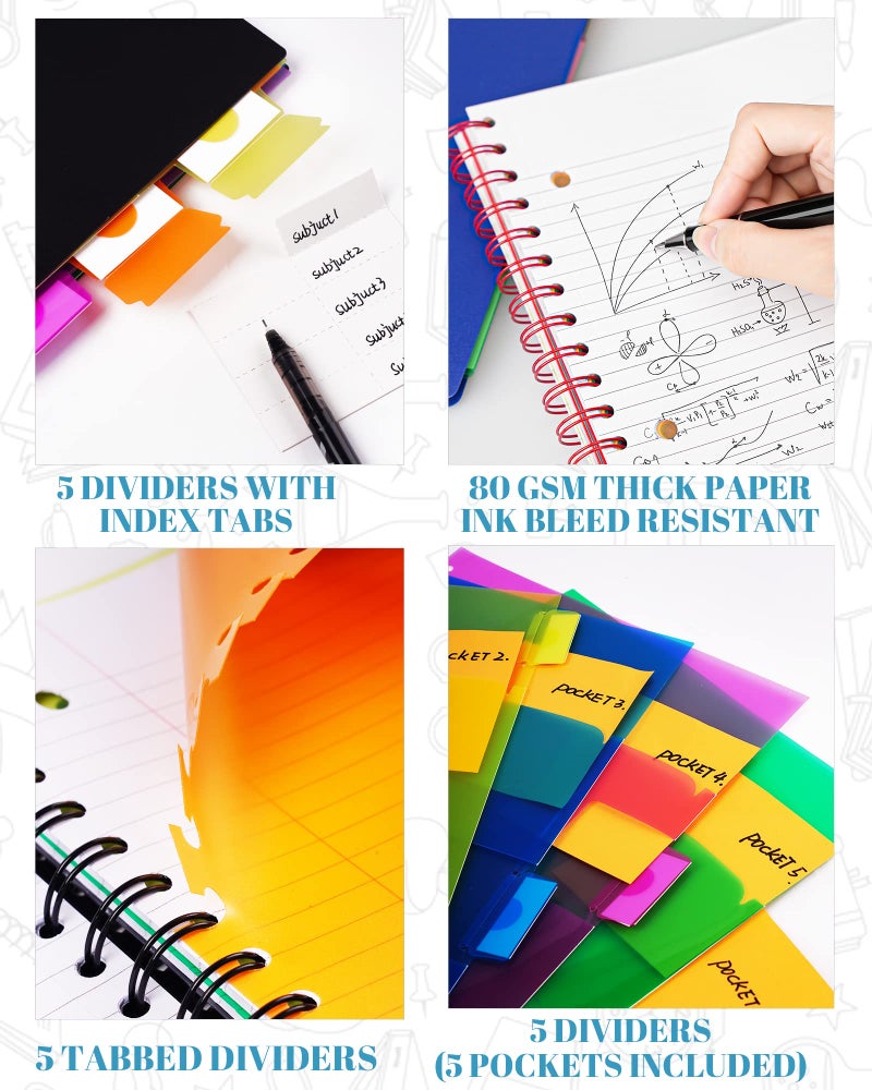 MOWEE Spiral Notebook - 5 Subject Notebook, College Ruled Notebook With Dividers Pocket, Tabs Label, 11" Ruler, 200 Pages, for Writing Journal, Home & Office, School Supplies, 8.5''x11''Black - Image 2