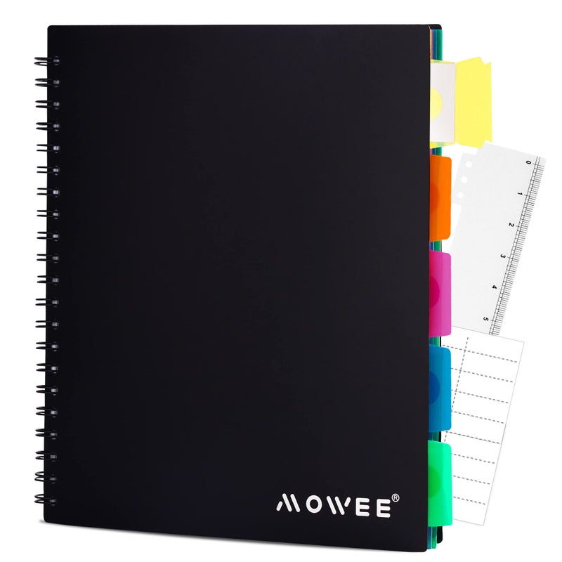 MOWEE Spiral Notebook - 5 Subject Notebook, College Ruled Notebook With Dividers Pocket, Tabs Label, 11" Ruler, 200 Pages, for Writing Journal, Home & Office, School Supplies, 8.5''x11''Black - Image 1
