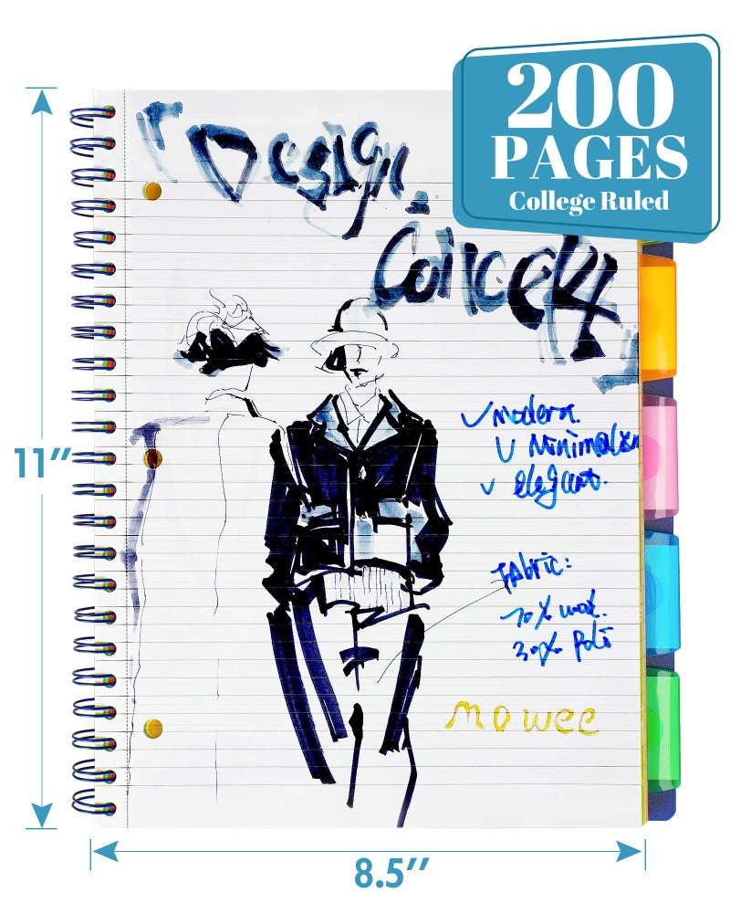 MOWEE Spiral Notebook - 5 Subject Notebook, College Ruled Notebook With Dividers Pocket, Tabs Label, 11" Ruler, 200 Pages, for Writing Journal, Home & Office, School Supplies, 8.5''x11''Black - Image 4