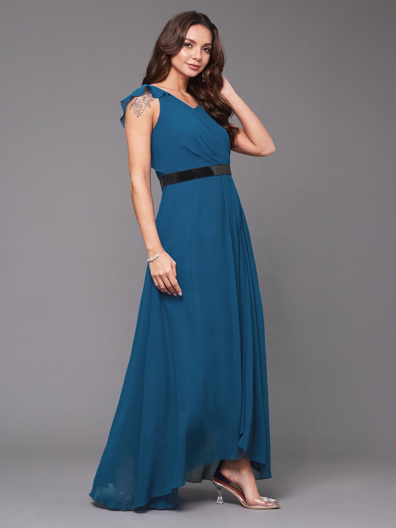 Miss Chase Women's V-Neck Ruffled Sleeve Solid Embellished Maxi Dress with Pockets (MCAW21D06-17-229-05, Royal Blue, L) - Image 3