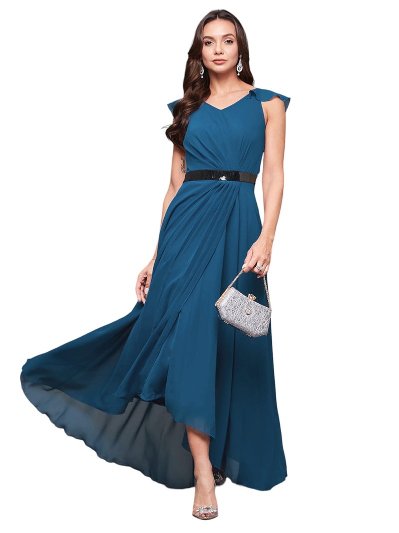 Miss Chase Women's V-Neck Ruffled Sleeve Solid Embellished Maxi Dress with Pockets (MCAW21D06-17-229-05, Royal Blue, L) - Image 1