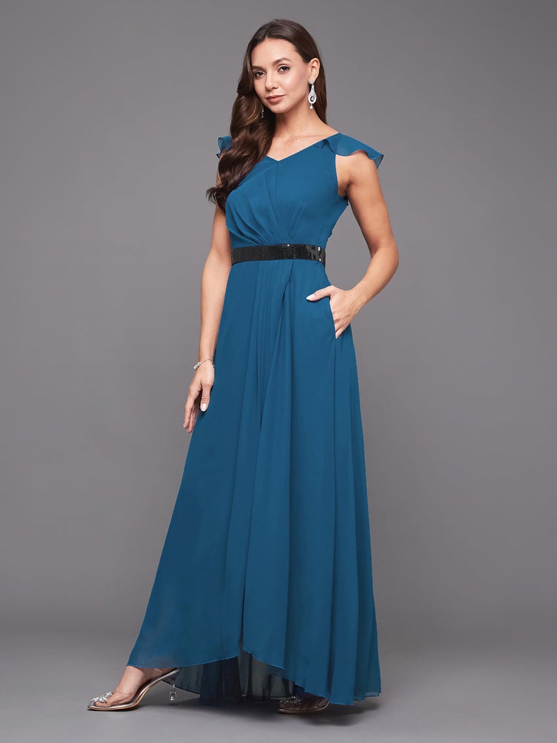 Miss Chase Women's V-Neck Ruffled Sleeve Solid Embellished Maxi Dress with Pockets (MCAW21D06-17-229-05, Royal Blue, L) - Image 2