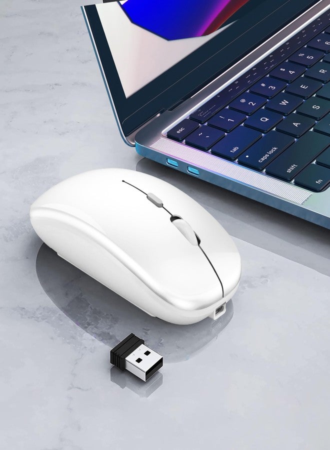 WREANU Wireless Bluetooth Mouse Rechargeable Laptop Mice Silent Slim Use BT5.2 and Portable 2.4GHz USB Receiver Dual Mode Computer Mouse for Laptop/iPad Tablet/Apple Computer/MacBok(Bright White) - Image 2