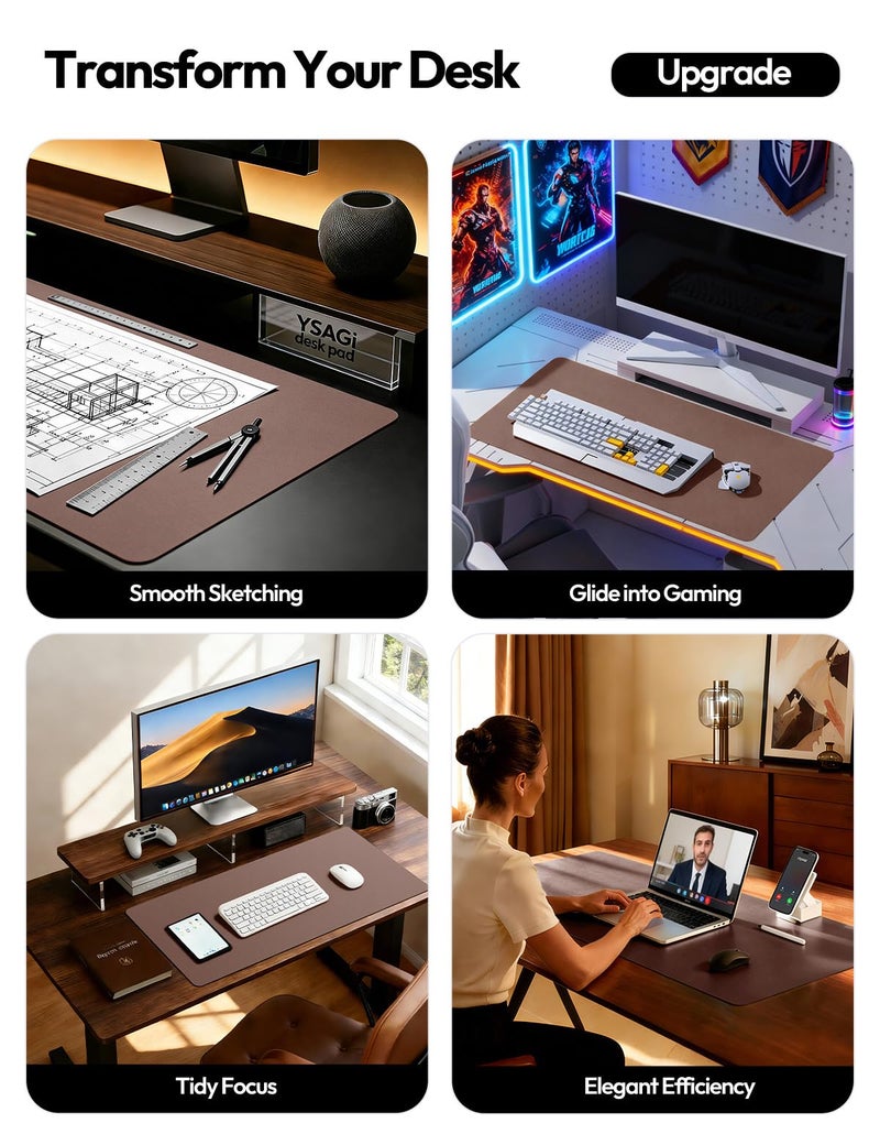 YSAGi Leather Desk Protector, Office Mat, Large Mouse Mat, Non-Slip PU Leather Blotter, Laptop Pad, Waterproof Writing Pad for Office and Home (Chocolate, 23.6" x 13.8") - Image 2