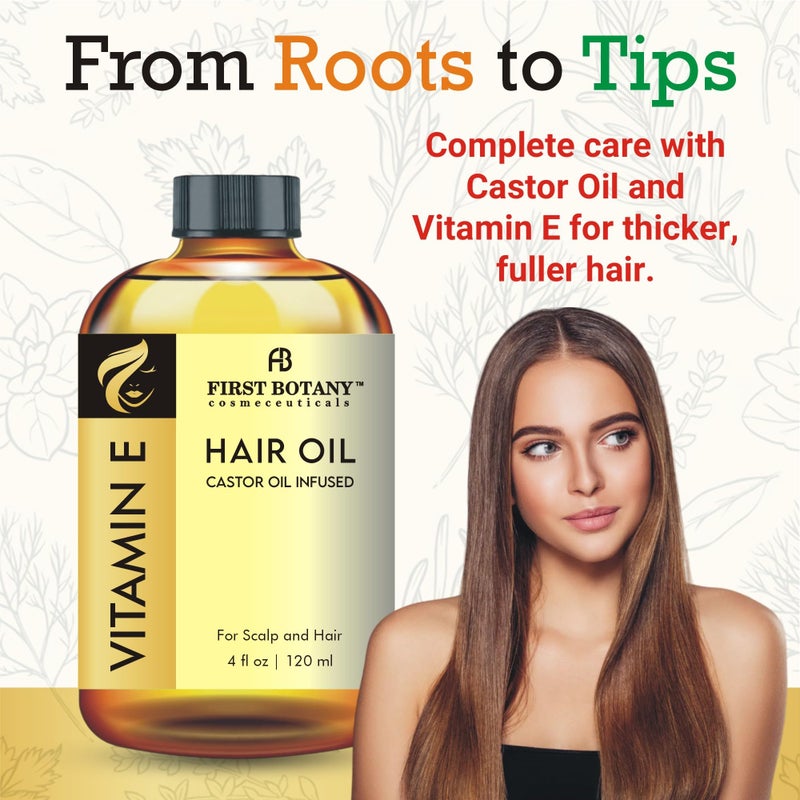 First Botany Vitamin E Castor Oil Encourages Hair Growth, Scalp & Hair Strengthening Serum, Nourishing Treatment for Split Ends, Dry Scalp, Safe for All Hair Types, 4 fl oz - Image 2