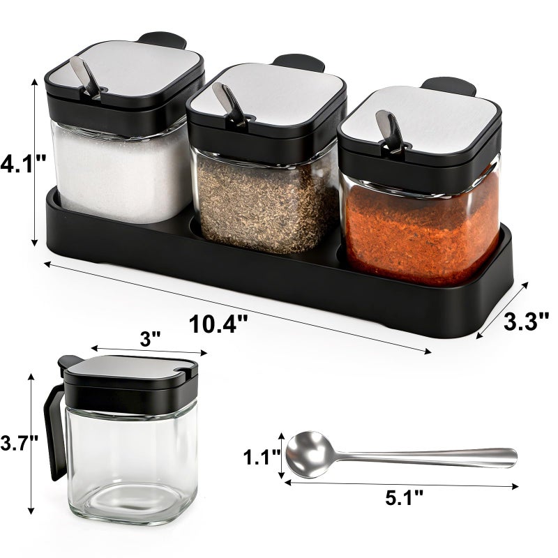 DEAYOU Set of 3 Glass Seasoning Box with Tray, 8.6oz Clear Condiment Canister Pots with 18/10 Stainless Steel Lid and Spoon, Salt Pepper Sugar Storage Container Spice Jar Cruet for Kitchen, Counter - Image 2