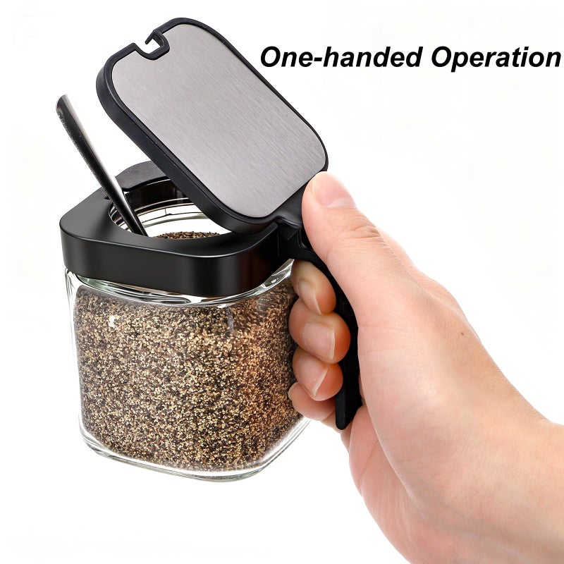 DEAYOU Set of 3 Glass Seasoning Box with Tray, 8.6oz Clear Condiment Canister Pots with 18/10 Stainless Steel Lid and Spoon, Salt Pepper Sugar Storage Container Spice Jar Cruet for Kitchen, Counter - Image 5