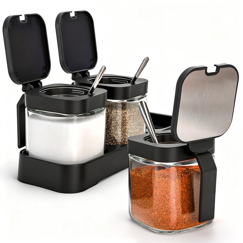 DEAYOU Set of 3 Glass Seasoning Box with Tray, 8.6oz Clear Condiment Canister Pots with 18/10 Stainless Steel Lid and Spoon, Salt Pepper Sugar Storage Container Spice Jar Cruet for Kitchen, Counter - Image 1