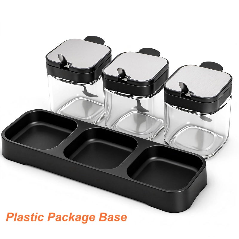 DEAYOU Set of 3 Glass Seasoning Box with Tray, 8.6oz Clear Condiment Canister Pots with 18/10 Stainless Steel Lid and Spoon, Salt Pepper Sugar Storage Container Spice Jar Cruet for Kitchen, Counter - Image 3