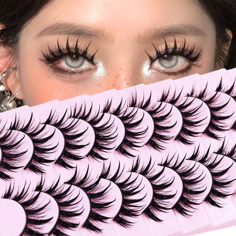 AUGENLI Anime Manga Style Cat Eye False Eyelashes 10 Pairs Wet Look C-Curl Spiky Makeup Lashes with Cotton Band for Cosplay, Daily Wear & Party - Image 1