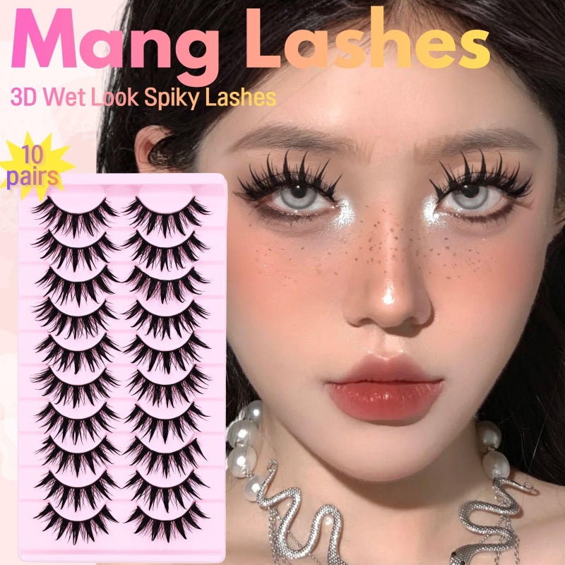 AUGENLI Anime Manga Style Cat Eye False Eyelashes 10 Pairs Wet Look C-Curl Spiky Makeup Lashes with Cotton Band for Cosplay, Daily Wear & Party - Image 2