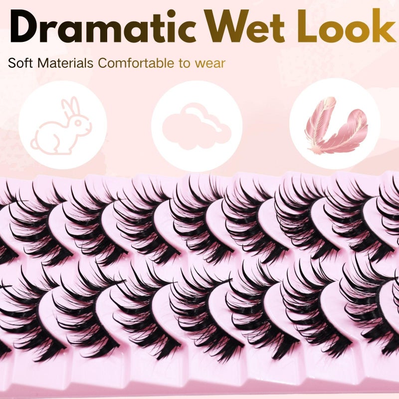 AUGENLI Anime Manga Style Cat Eye False Eyelashes 10 Pairs Wet Look C-Curl Spiky Makeup Lashes with Cotton Band for Cosplay, Daily Wear & Party - Image 3