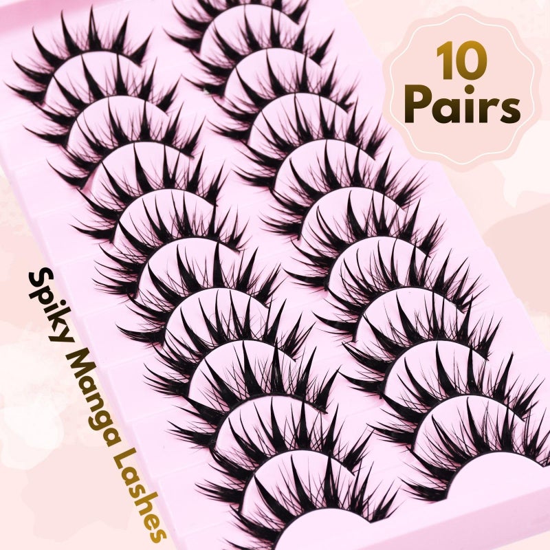 AUGENLI Anime Manga Style Cat Eye False Eyelashes 10 Pairs Wet Look C-Curl Spiky Makeup Lashes with Cotton Band for Cosplay, Daily Wear & Party - Image 5