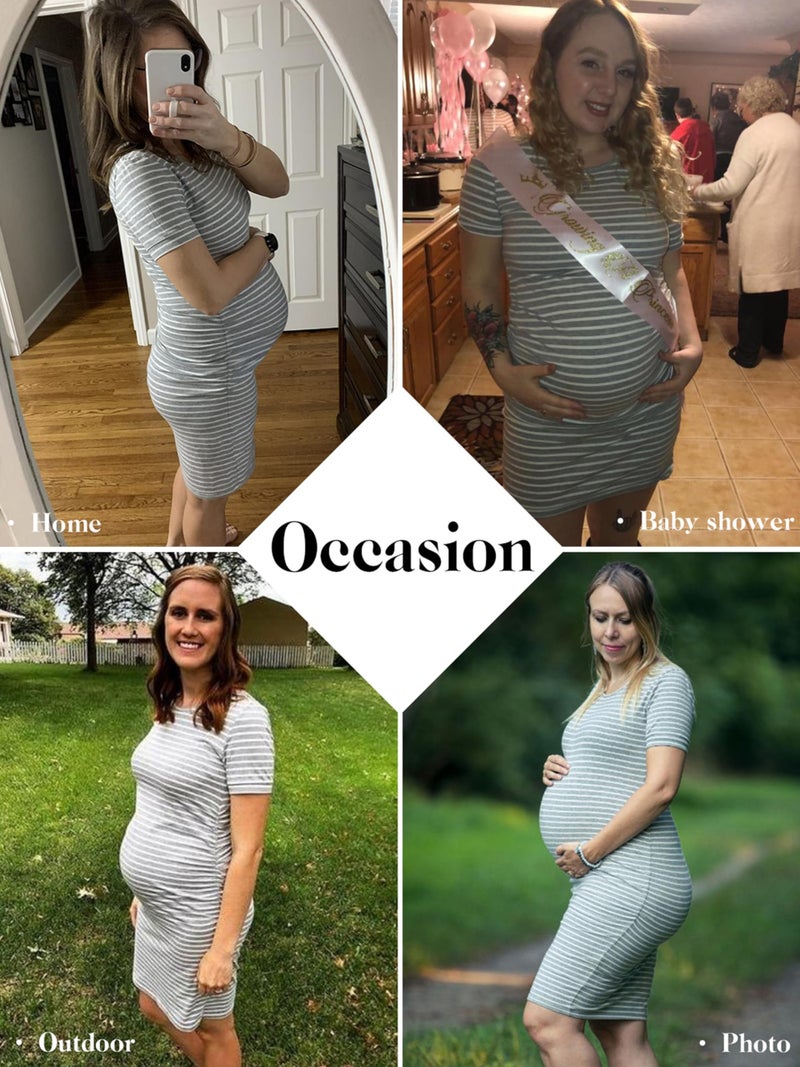 Liu & Qu Women's Ruched Maternity Bodycon Dress Mama Causual Short Sleeve Wrap Dresses,Grey White,medium - Image 3