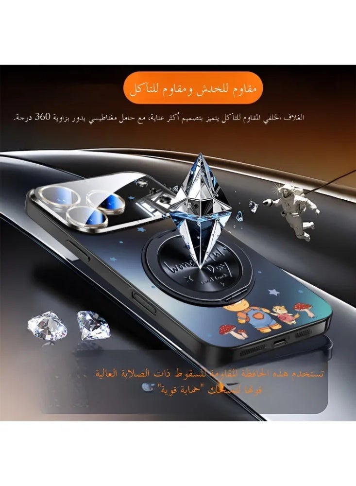حقيبة هاتف آيفون بطباعة الدب الكرتوني مع حامل مغناطيسي دوار 360 درجة، واقي عدسة الكاميرا كامل - Image 2