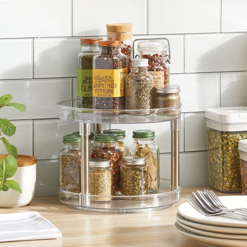 mDesign Spinning 2-Tier Lazy Susan Turntable Storage Tower, Rotating Organizer for Kitchen Cabinet, Counter, Sink, Table - Double Decker Carousel Pantry Organizer, Ligne Collection, Clear - Image 2