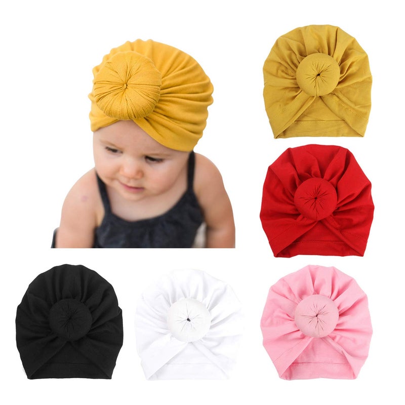 DRESHOW BQUBO 5 Pieces Baby Turban Hats Turban Bun Knot Baby Infant Beanie Baby Girl Soft Cute Toddler Cap - Image 1