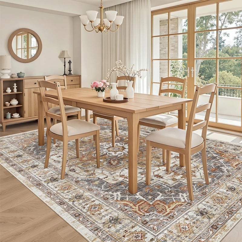 Madane 5x7 Area Rugs for Living Room, Stain Resistant Washable Rugs, Non-Slip Backing Area Rug, Vintage Home Decor Rug for Bedroom (Turmeric/Grey, 5'x7') - Image 4