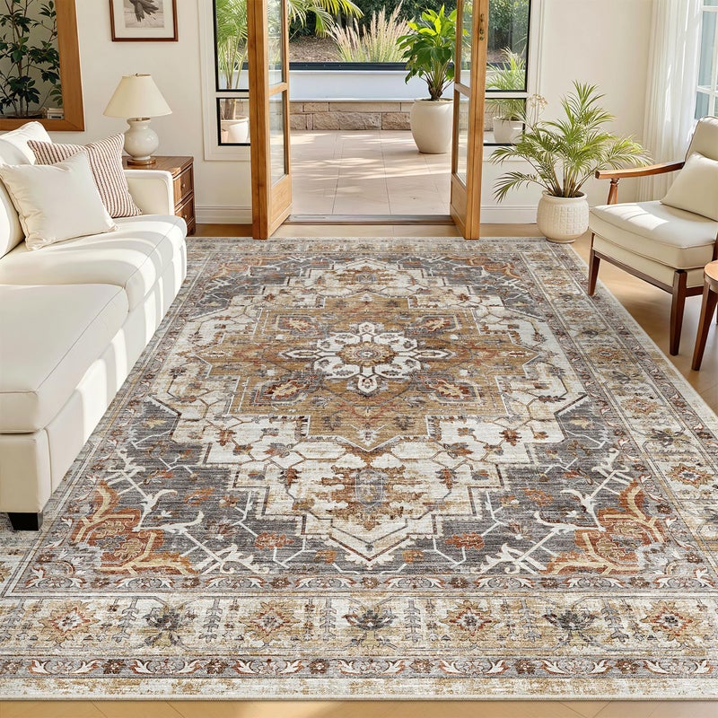 Madane 5x7 Area Rugs for Living Room, Stain Resistant Washable Rugs, Non-Slip Backing Area Rug, Vintage Home Decor Rug for Bedroom (Turmeric/Grey, 5'x7') - Image 1