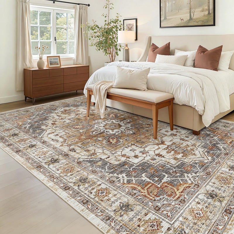Madane 5x7 Area Rugs for Living Room, Stain Resistant Washable Rugs, Non-Slip Backing Area Rug, Vintage Home Decor Rug for Bedroom (Turmeric/Grey, 5'x7') - Image 3