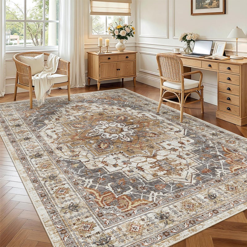 Madane 5x7 Area Rugs for Living Room, Stain Resistant Washable Rugs, Non-Slip Backing Area Rug, Vintage Home Decor Rug for Bedroom (Turmeric/Grey, 5'x7') - Image 2