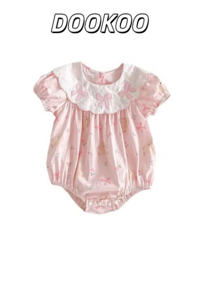 Baby Girls Playsuit with Back ons, Adorable Bodysuit with Floral and Animal Patterns, Short Sleeve Jumpsuit, Newborn Summer Clothes, Casual Tops for Infants, Easy to Wear and Change Diapers - Image 1