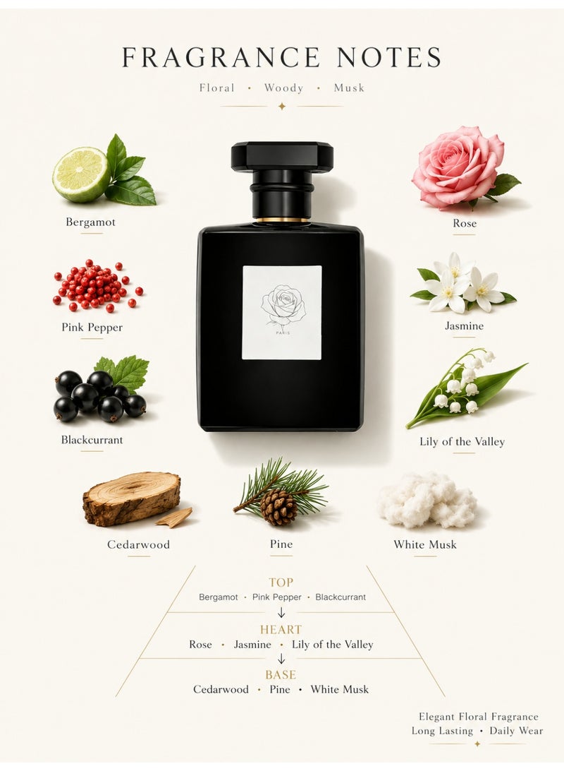 Luxury Women's Rose Floral Eau de Parfum 100ml - Long Lasting Perfume Spray with Bergamot, Jasmine & White Musk, Elegant Floral Fragrance for Daily Wear & Eid Gift - Image 2