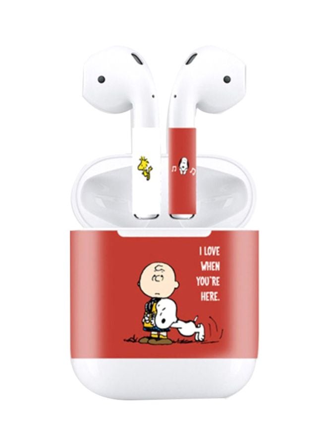3-Piece Printed Skin Decal For Apple AirPods And Case Red/White/Beige