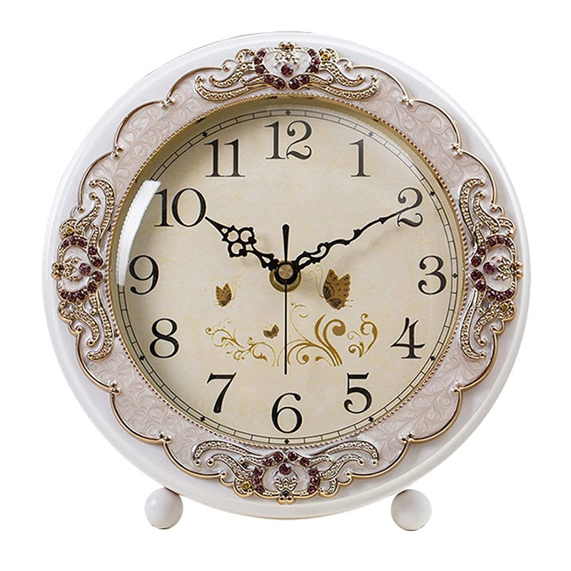 Justup Vintage Table Clock, Retro Non-Ticking European Style Beside Mantle Desk Clock Battery Operated Silent Quartz Movement for Bedroom Living Room Indoor Decor (White) - Image 1
