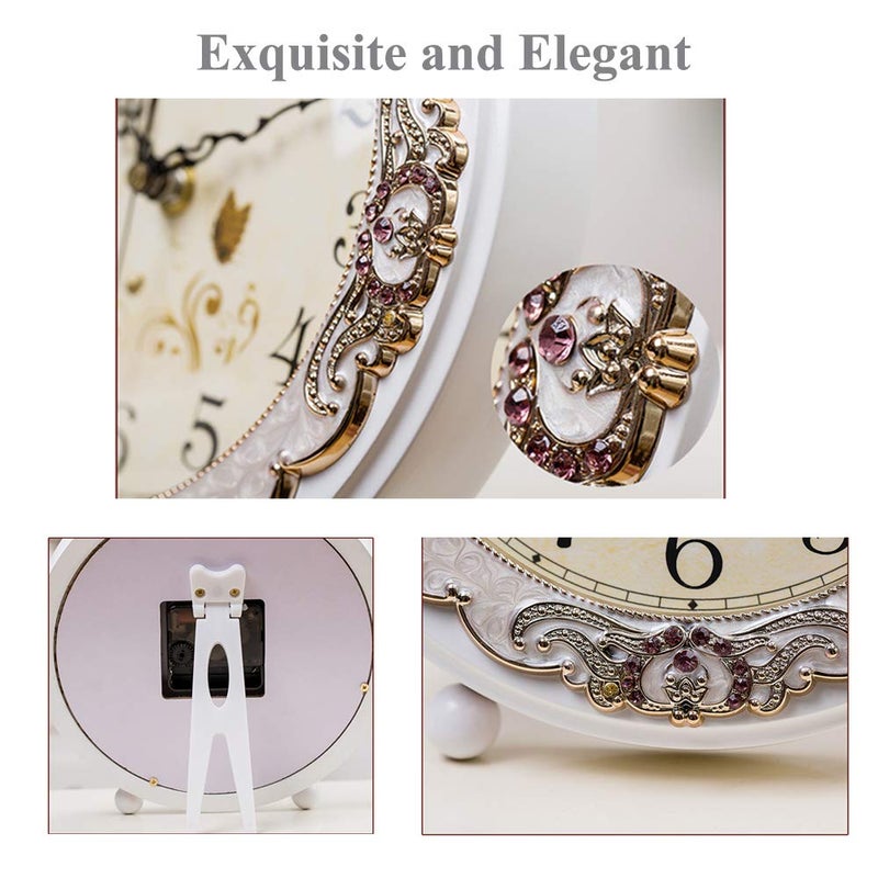 Justup Vintage Table Clock, Retro Non-Ticking European Style Beside Mantle Desk Clock Battery Operated Silent Quartz Movement for Bedroom Living Room Indoor Decor (White) - Image 5