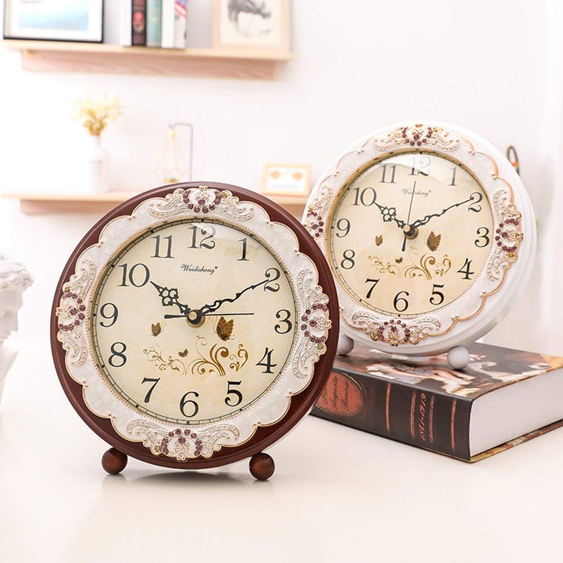Justup Vintage Table Clock, Retro Non-Ticking European Style Beside Mantle Desk Clock Battery Operated Silent Quartz Movement for Bedroom Living Room Indoor Decor (White) - Image 3