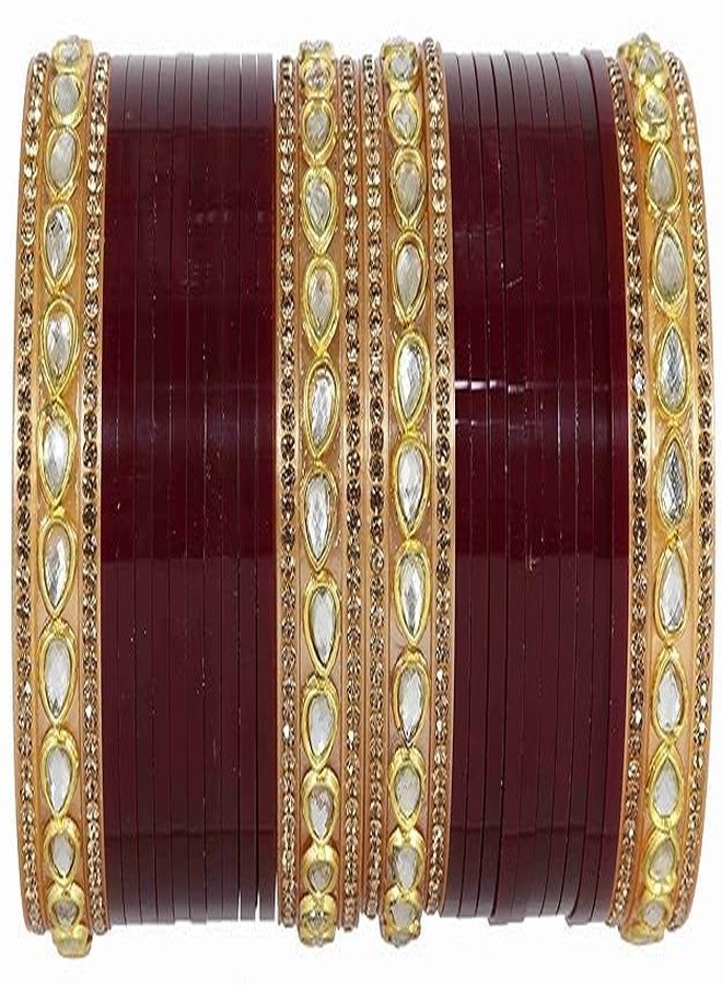 BANGLESKART طقم أساور تشودا قصير لامع من الأكريليك (البلاستيك) من بانغلسكارت، مزين بخرز بيضاوي أو أحجار زركون كريمة، للنساء والفتيات، لون عنابي. - Image 1