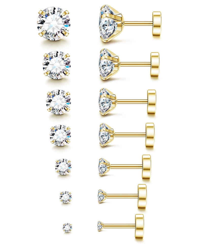 Fansilver 20G Hypoallergenic Flat Back Earrings for Women Men Silver 14K Gold Stainless Steel Stud Earrings Brithstone Cubic Zirconia Studs Surgical Steel Cartilage Earrings for Sensitive Ears - Image 1