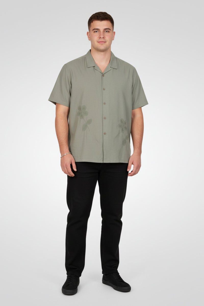 Threadbare Men Regular Fit Short Sleeve Embroidered Casual Shirt, Sage Green - Image 1