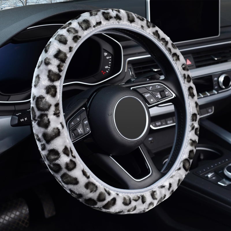 KAFEEK Elastic Long Microfiber Plush Steering Wheel Cover for Winter Warm Universal 15 inch AntiSlip Odorless Leopard Gray