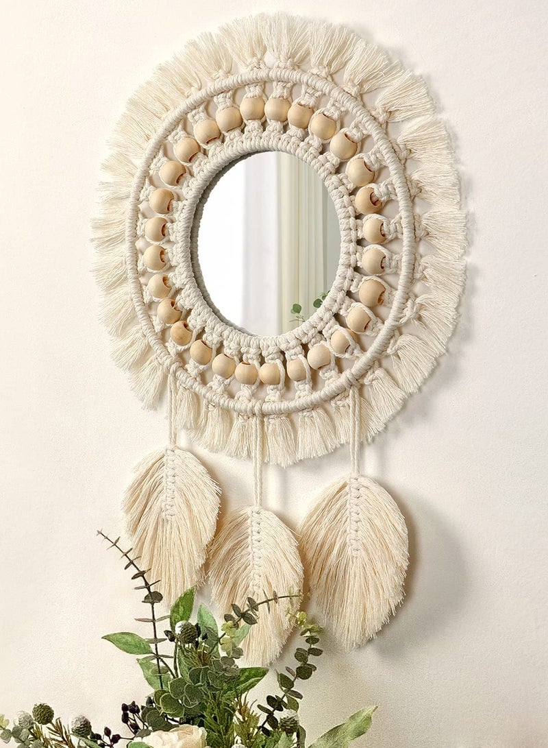 Boho Macrame Round Wall Mirror with Wood Beads & Feather Pendant - Stylish Home Decor for Bedroom & Living Room, Perfect Gift Idea (Ivory) - Image 2