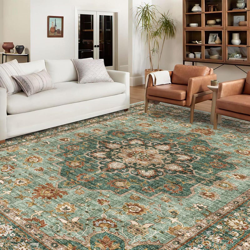 TOPRUUG Washable Oriental Area Rug - 9x12 Rugs for Living Room Soft Carpet for Bedroom Waterproof Floral Distressed Indoor Stain Resistant Non-Shedding Floor Carpets (Green, 9x12) - Image 2