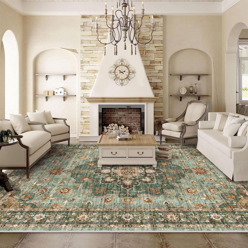TOPRUUG Washable Oriental Area Rug - 9x12 Rugs for Living Room Soft Carpet for Bedroom Waterproof Floral Distressed Indoor Stain Resistant Non-Shedding Floor Carpets (Green, 9x12) - Image 1