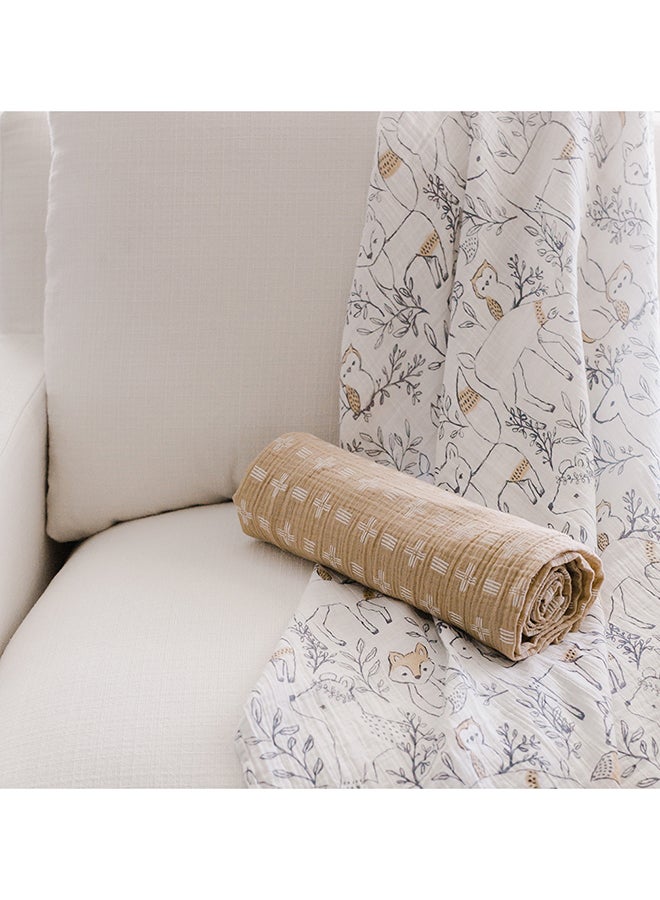 كرين بيبي قطعتان بطانية قماط موسلين ناعمة للأولاد والبنات، بيج وغابة حيوانات،  سم ×  سم - Image 4