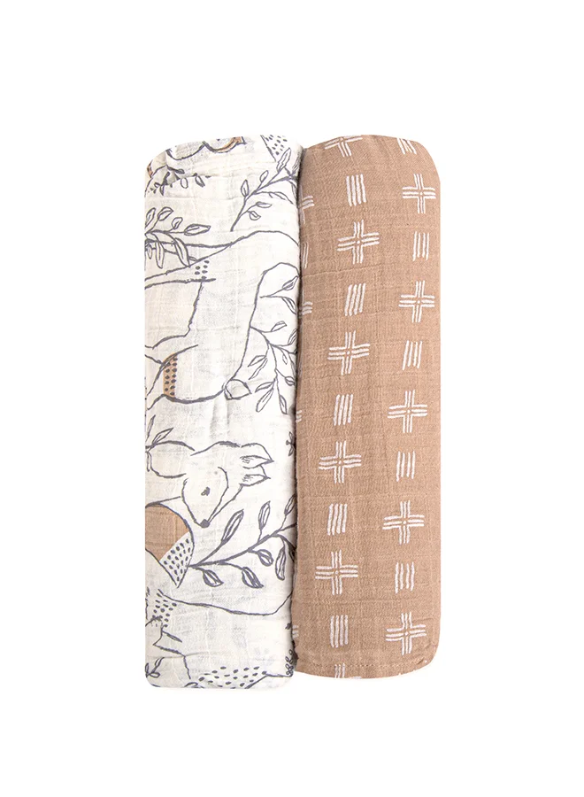 كرين بيبي قطعتان بطانية قماط موسلين ناعمة للأولاد والبنات، بيج وغابة حيوانات،  سم ×  سم