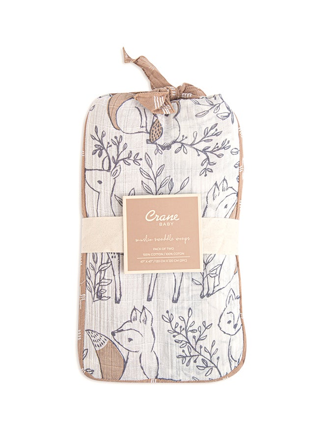 كرين بيبي قطعتان بطانية قماط موسلين ناعمة للأولاد والبنات، بيج وغابة حيوانات،  سم ×  سم - Image 2