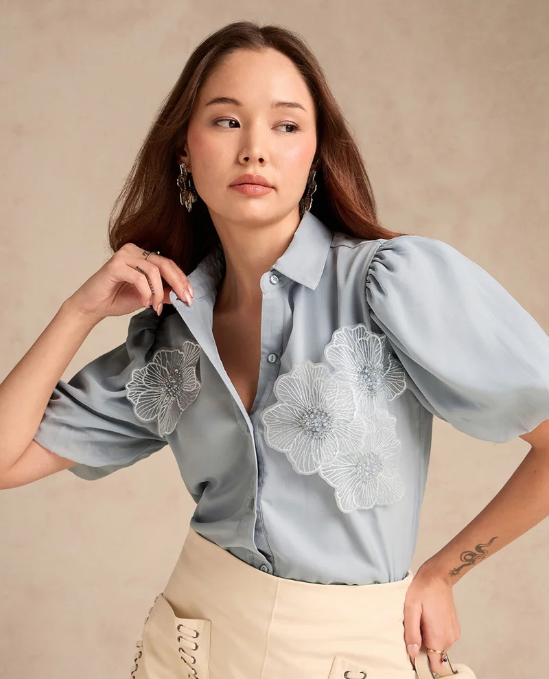 OUTZIDR Blue Regular Fit Shirt With Balloon Sleeves And Applique Flower Detail