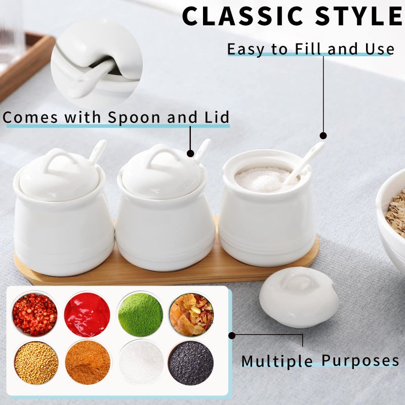 HAOTOP Porcelain Condiment Jar 3 Pack Set with Tray  12 Ounces White - Image 5