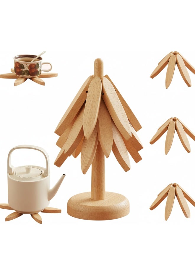 Wooden Trivets for Hot Dishes, Tree Shape Trivets Set, 3 Wooden Trivets + 1 Stand Stored Like a Tree, Beech Wood Trivets for Hot Pots, Pans, Bowl, Teapot - Image 1