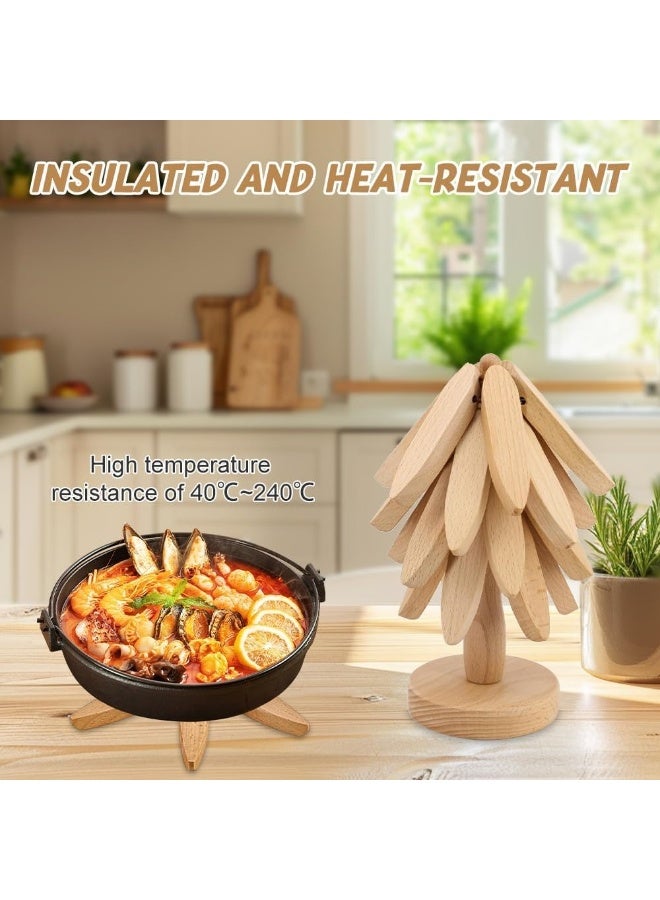 Wooden Trivets for Hot Dishes, Tree Shape Trivets Set, 3 Wooden Trivets + 1 Stand Stored Like a Tree, Beech Wood Trivets for Hot Pots, Pans, Bowl, Teapot - Image 4