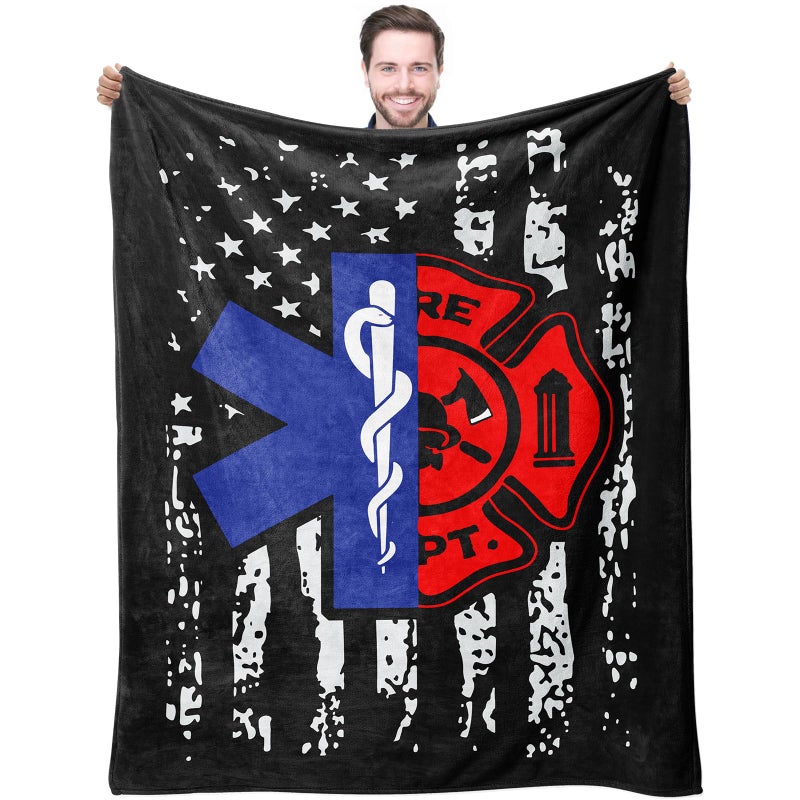 Joyloce Firefighter EMT Throw Blankets Birthday Gift Idea for Men Dad Husband Son Friend 60x50  Practitioner Fireman Firewoman EMS Blanket For Fire Fighter FD Department First in Last Out Responder