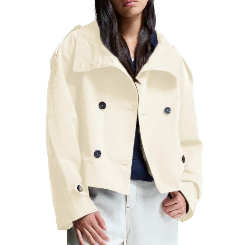 Maohao Women's Cropped Trench Coat Double Breasted Short Jacket High Collar Fall Winter Coats Trendy Outfit with Belt(Beige,M) - Image 2