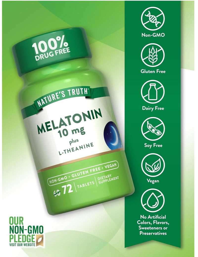 Nature's Truth Melatonin 10mg Tablets with L-Theanine – Sleep Support Supplement, Non-GMO, Vegan, Gluten Free, 72 Tablets - Image 2
