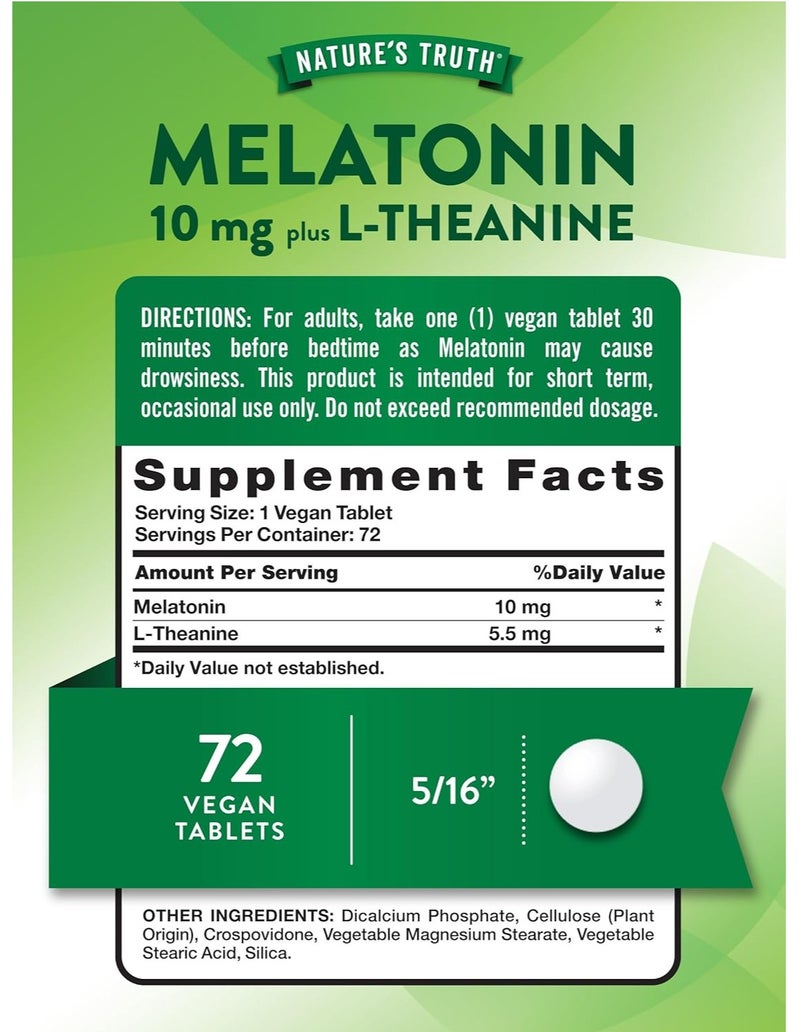 Nature's Truth Melatonin 10mg Tablets with L-Theanine – Sleep Support Supplement, Non-GMO, Vegan, Gluten Free, 72 Tablets - Image 3